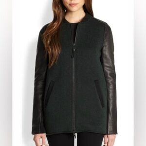 Mackage Wool Felt Leather Sleeve Green Black Collarless Zip Front Jacket Size XS